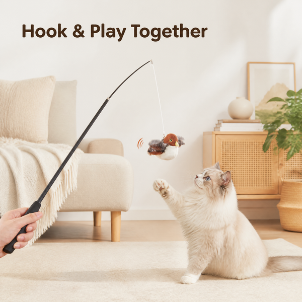 FlutterNest attached to a cat wand for interactive play
