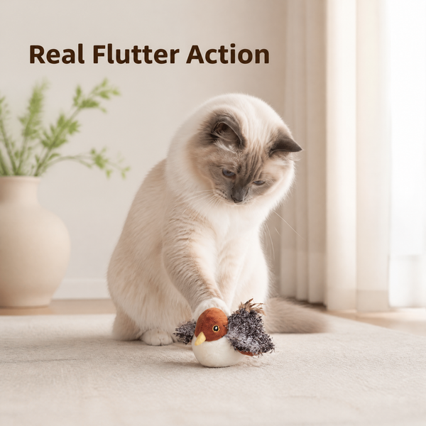 Cat pouncing on FlutterNest realistic bird cat toy