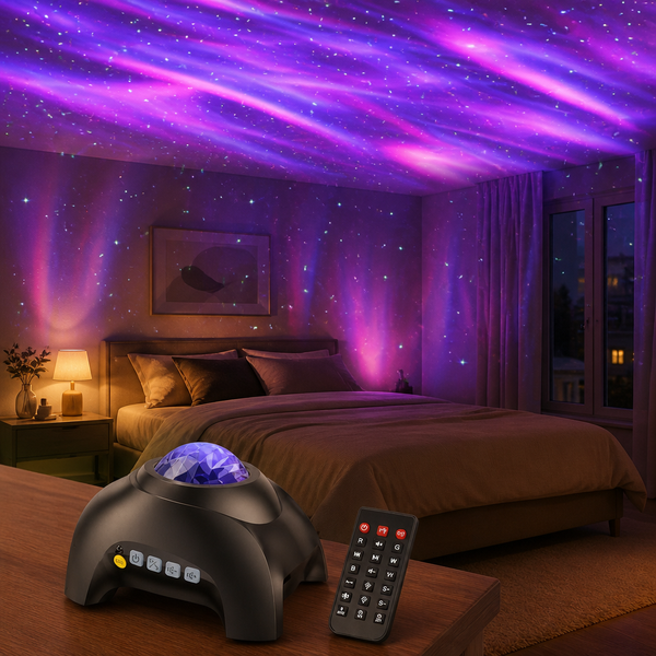 Aurora galaxy projector lighting up a bedroom ceiling