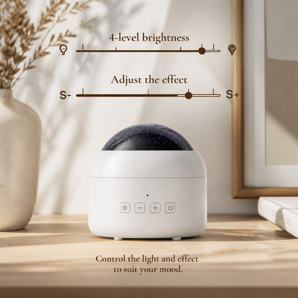Aurora galaxy projector on a bedside table