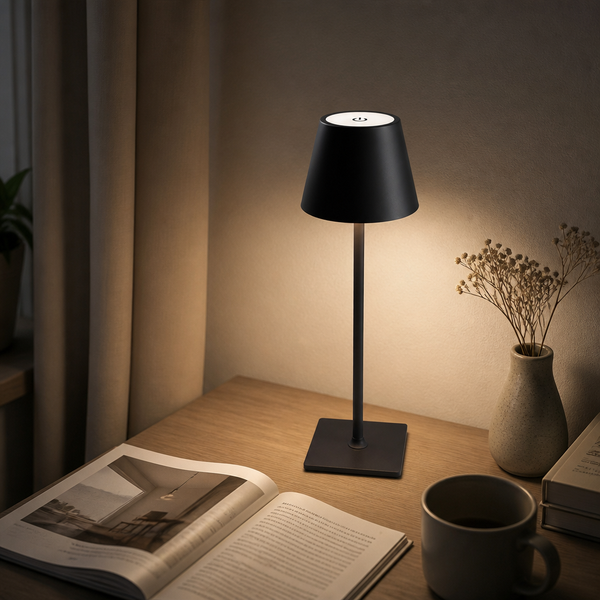 Cordless table lamp on a desk with a magazine