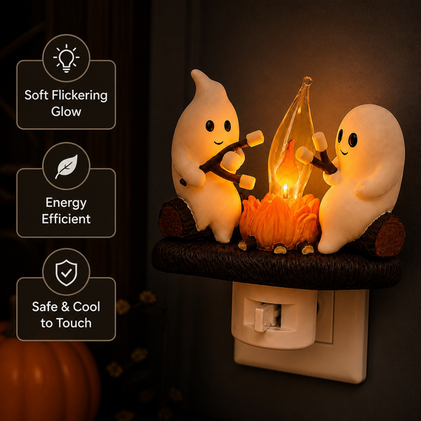 Ghost campfire night light features: soft flickering glow, energy efficient, safe and cool to touch