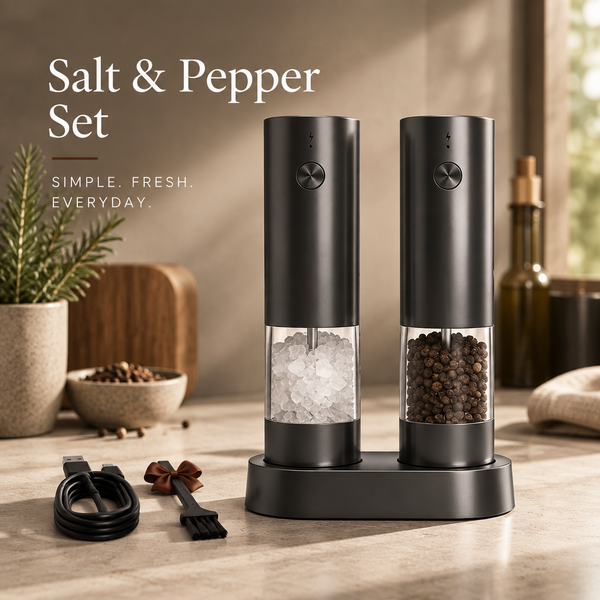 Black electric salt and pepper grinder set on a stand