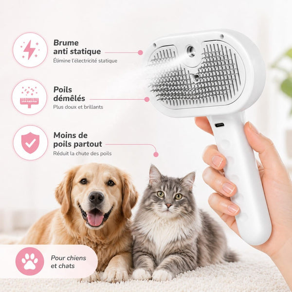 Steam brush for cats and dogs in use